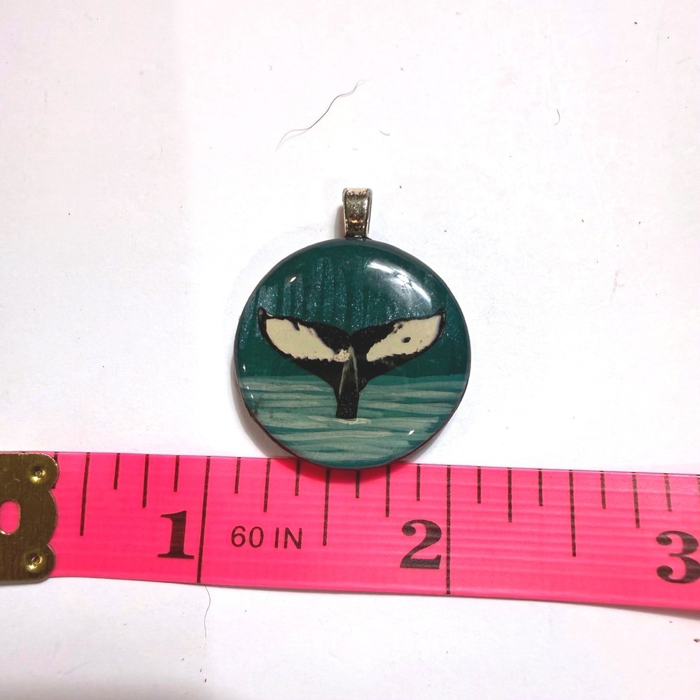 Artisan Hand Painted Whale Tail Pendant Juneau Alaska Spot Signed Teal Resin